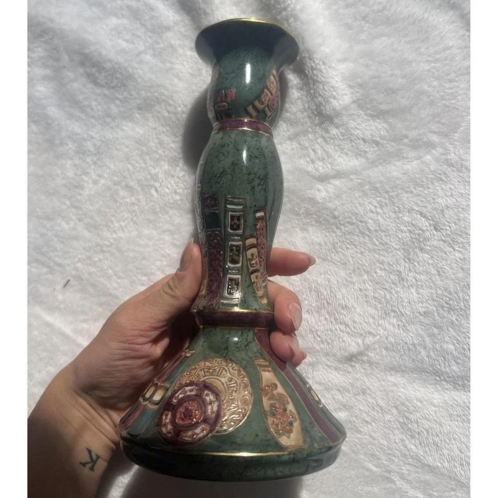 Decorative Porcelain Candlestick Holder Gilt Green Multicolor Asian Motif Enamel